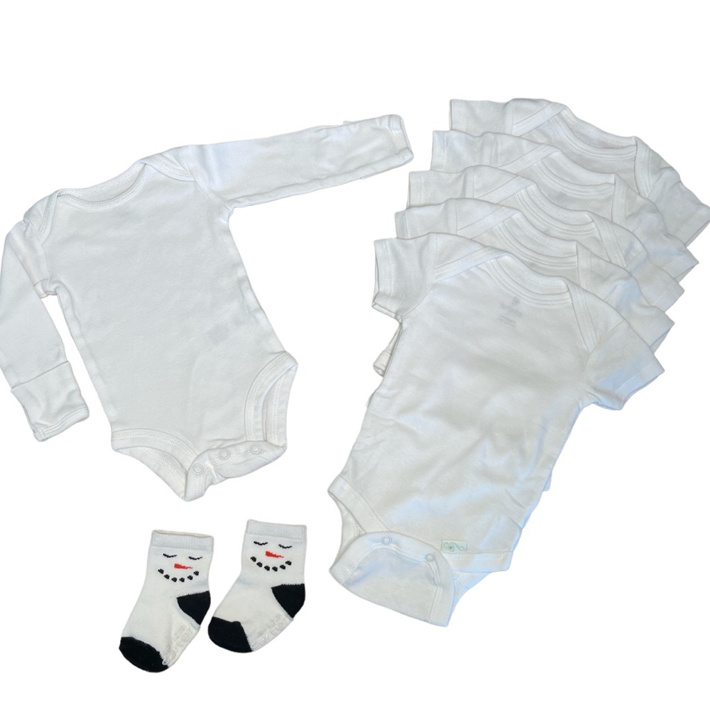 Lullaby Lane - 5 white bodysuit, Carters 1- long sleeve bodysuit, snowman socks